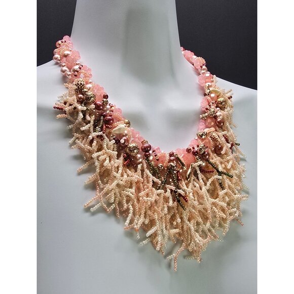 Crafted Gemstone Coral inspired Beaded Waterfall Pink Cream Necklace Earring Set - Picture 3 of 13